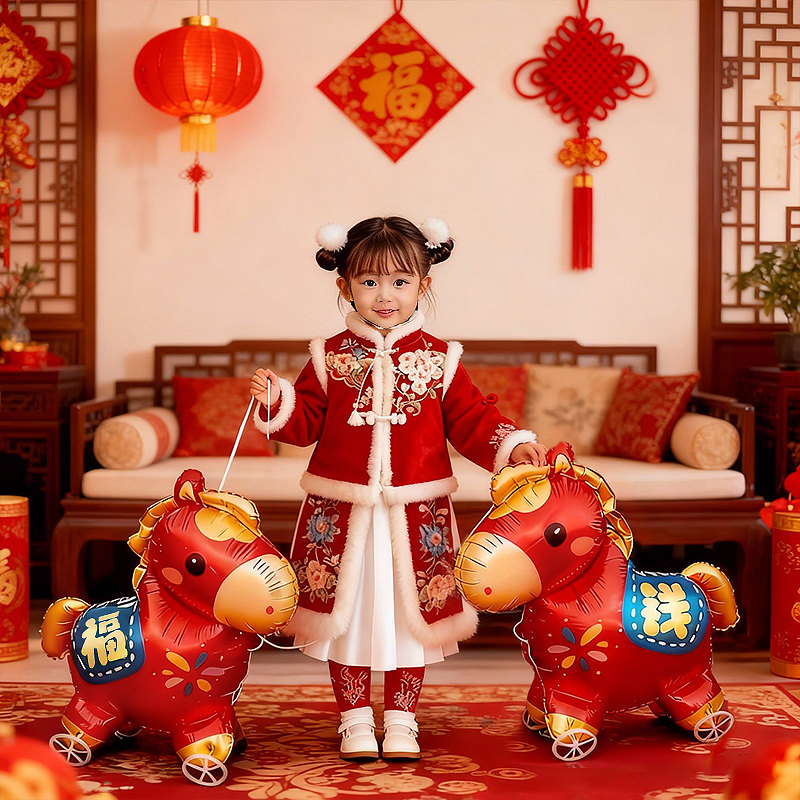 新年装饰小马铝膜带轮气球走路元旦摆件马年教室儿童礼物拍照道具