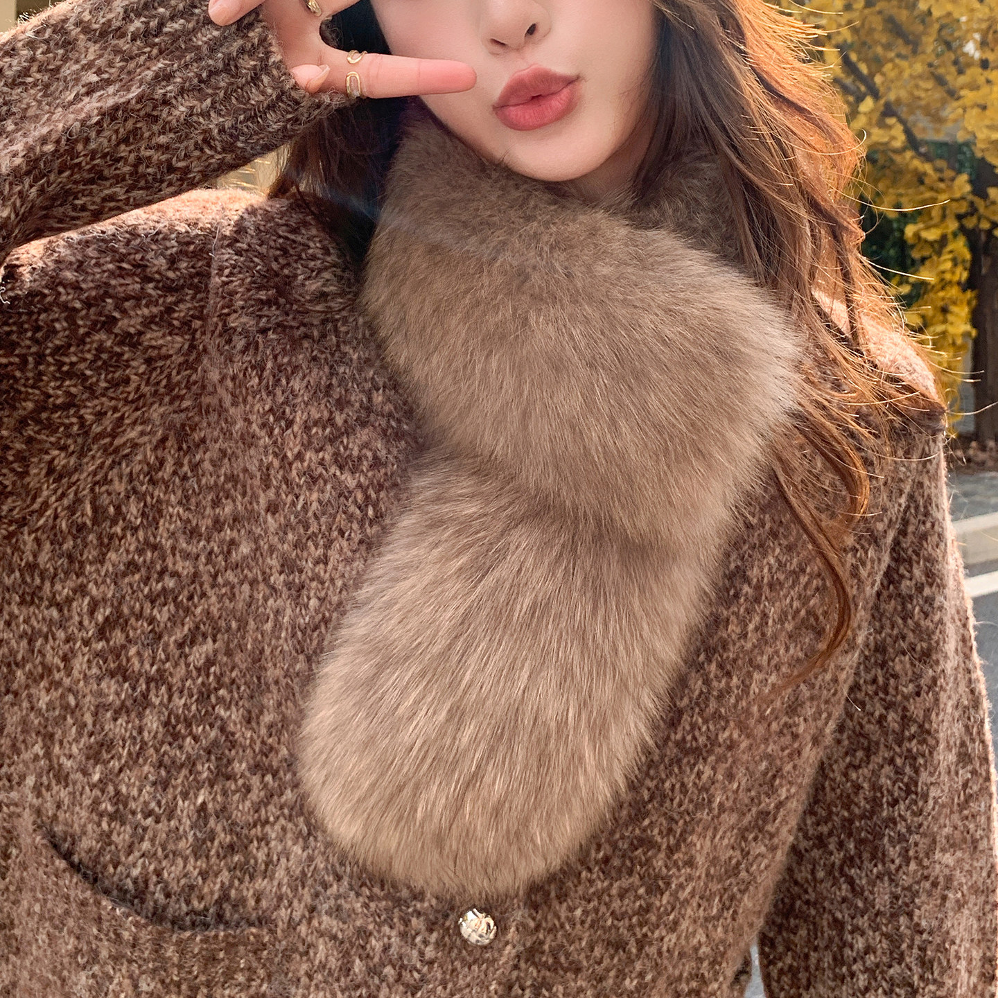 蘑糯糯同款棕咖色狐狸毛皮草围巾