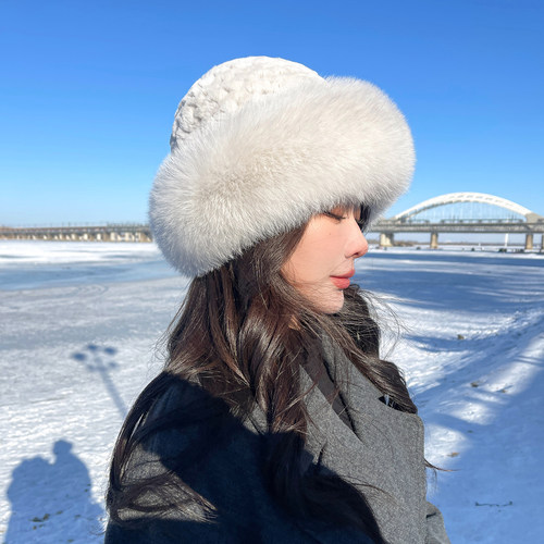 獭兔毛皮草渔夫帽显脸小保暖帽子