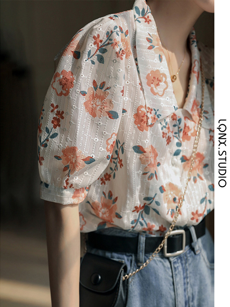 2024 NEW SUMMER FRENCH VINTAGE CHIFFON BLOUSE DESIGN SENSE LAPEL EMBROIDERY SHORT SLEEVE SHIRT TOP WOMENS TREND
