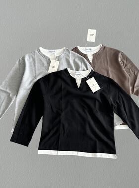 华夫格叠穿假两件长袖T恤男女宽松休闲慵懒极简风ins情侣打底衫