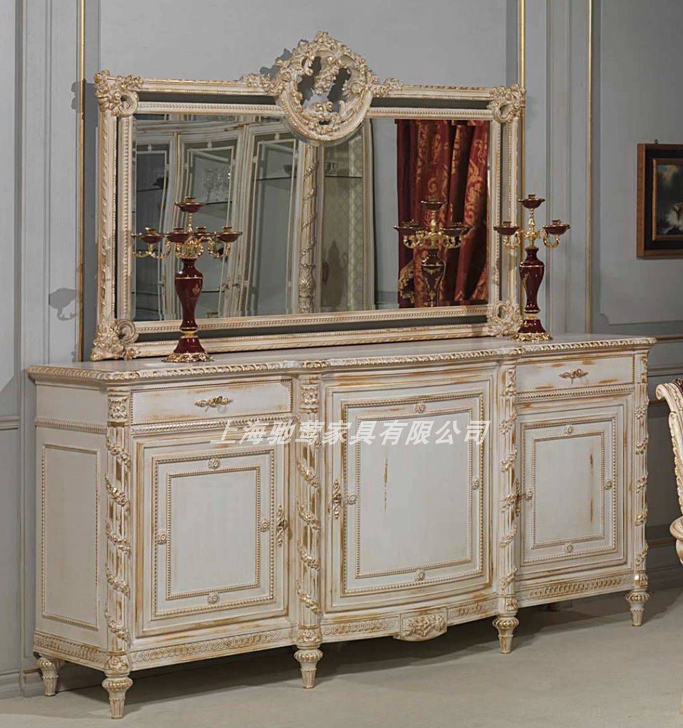 欧式实木雕花餐边柜法式客厅带镜装饰柜意大利奢华别墅玄关柜