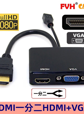 FVH HDMI输入转VGA/hdmi转换器多屏显示一分二带音频高清分配器