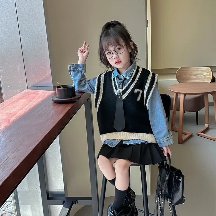 2025女童新款秋季套装儿童衬衫背心马甲牛仔裤秋装学院风三件套潮