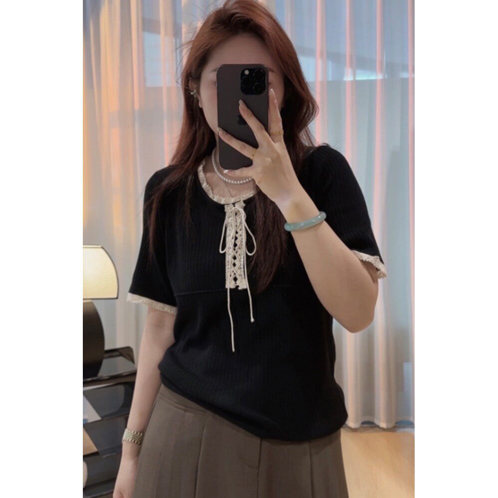 大码宽松蕾丝边黑色正肩短袖t恤女早春胖mm巨显瘦遮肉针织衫上衣