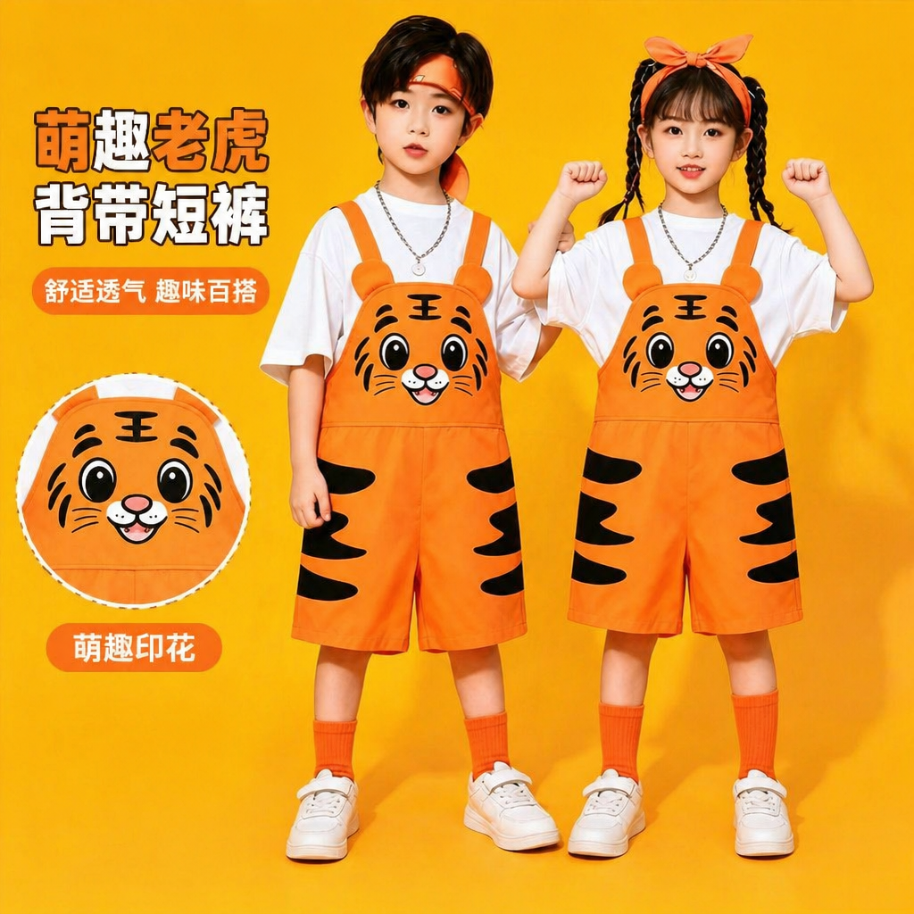 儿童老虎演出服幼儿园六一表演服男女童卡通背带裤套装运动会班服