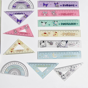 卡通四件套尺子带波浪线可爱中小学生三角直尺半圆尺测量尺子画线