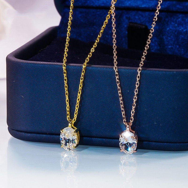 AU750纯18K玫瑰金进口莫桑石鸽子蛋项链镶嵌椭圆形吊坠锁骨链女新