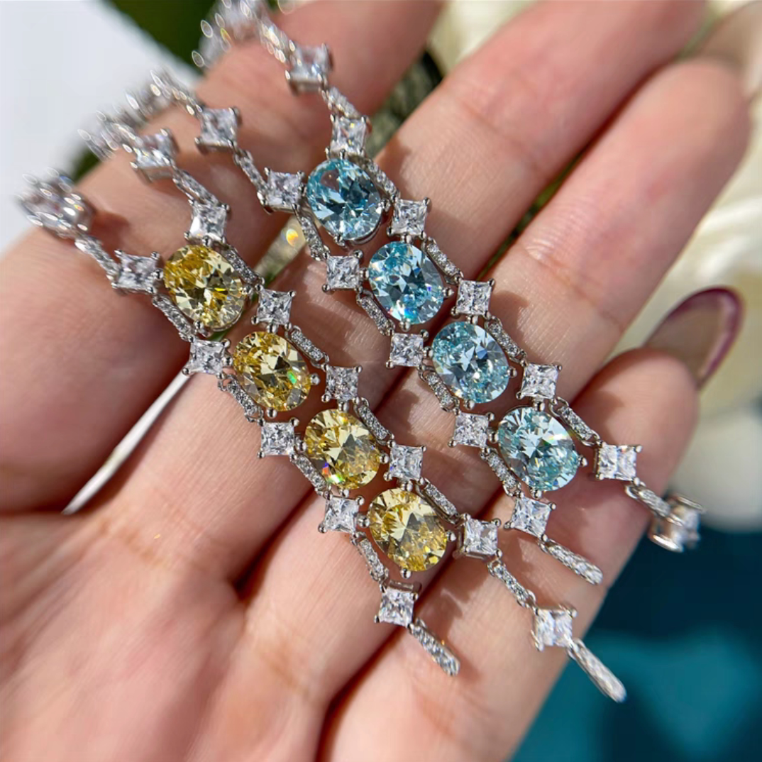 AU750纯18K白金美国进口D色莫桑石黄宝石蓝钻流苏项链时尚新2克拉