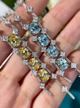 莫桑石黄宝石蓝钻流苏项链