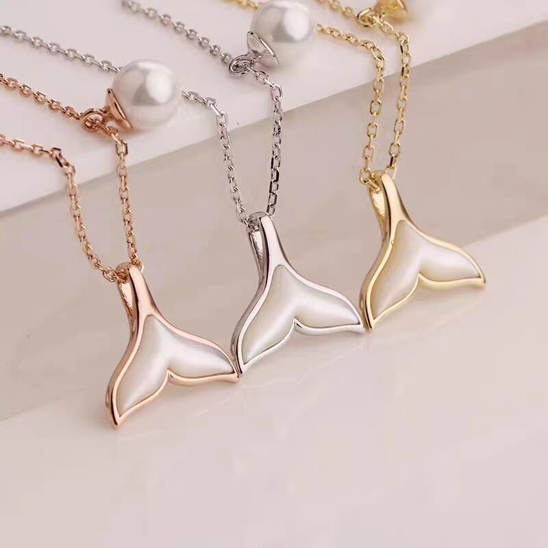 AU750纯18K金镶嵌美国进口D色莫桑石贝母鱼尾珍珠项链小众轻奢潮