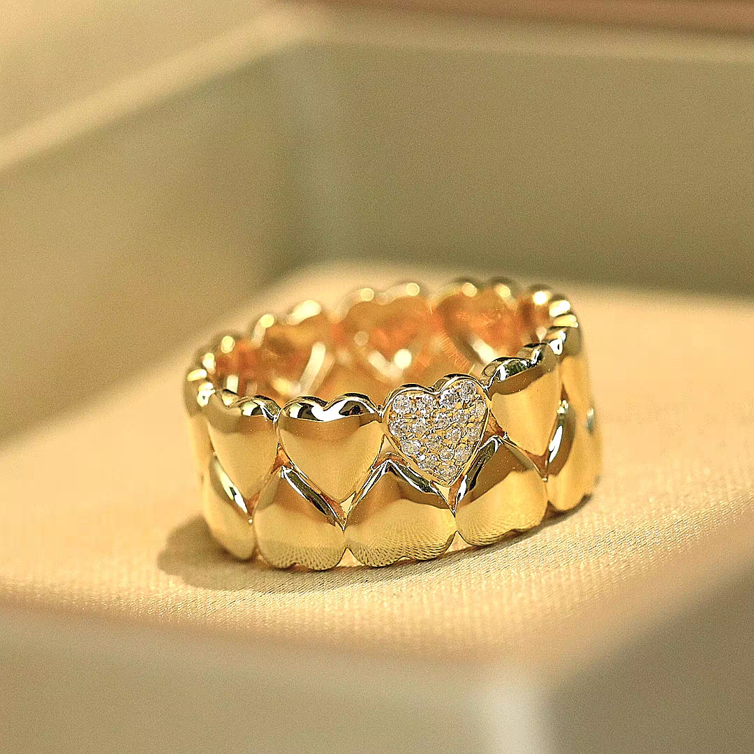 AU750纯18K金进口D色莫桑石黄金爱心戒指小众轻奢设计超闪食指