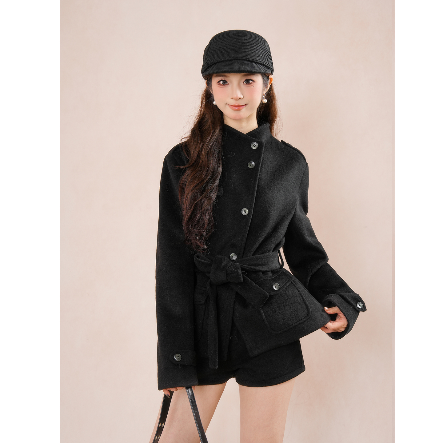 黑色小个子毛呢大衣女款2