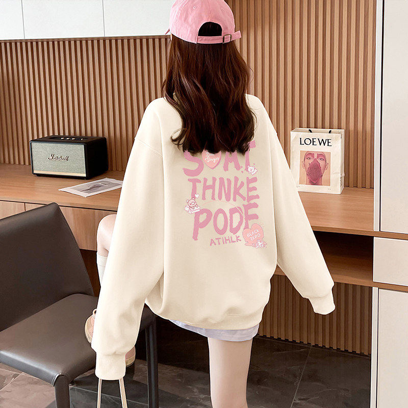 杏色薄款假两件圆领厚棉T女春2025春秋季新款粉色学院风宽松外套,女装/女士精品,卫衣/绒衫,淘宝优惠券,粉丝福利购,淘宝优惠卷