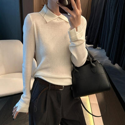 秋冬高级感白色polo翻领羊毛针织衫女气质修身毛衣内搭打底衫上衣