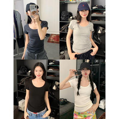 楠涛基础款U领短袖T恤女夏季新款修身显瘦亲肤弹力正肩收腰上衣