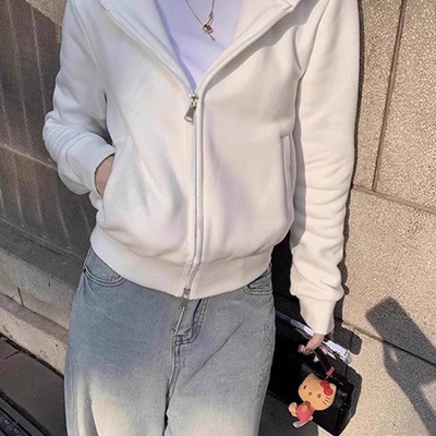 白色短款卫衣外套女2025新款爆款小个子春秋冬加绒设计感拉链开衫