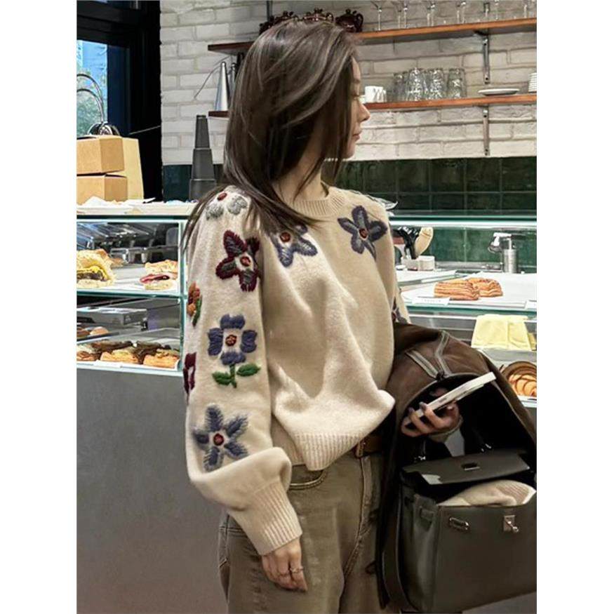 早秋重工花朵加厚圆领毛衣女2025新款秋冬季小个子内搭针织衫上衣,女装/女士精品,毛衣,淘宝优惠券,粉丝福利购,淘宝优惠卷
