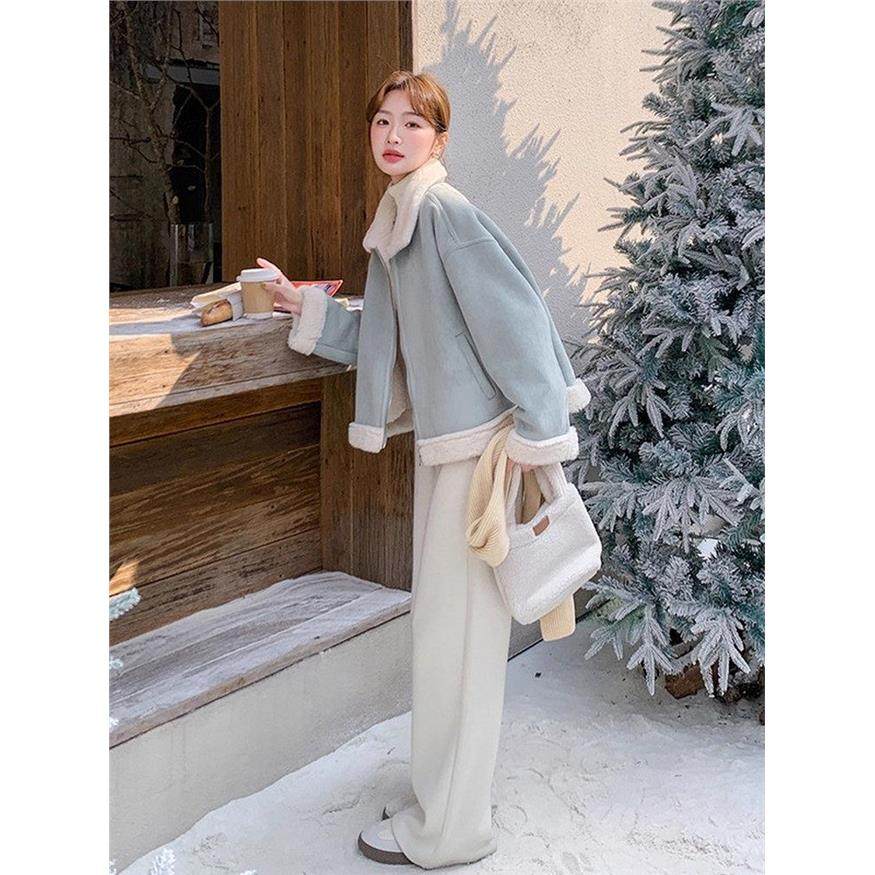 蓝色皮毛一体羊羔毛外套女冬季韩系甜酷炸街小个子短款麂皮绒棉服