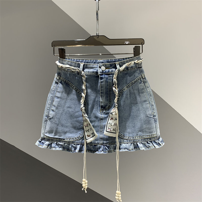 2026年夏季新款木耳边拼接半身牛仔裙女百搭显瘦a字防走光包臀裙