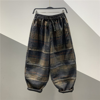格子植绒加厚牛仔垮裤哈伦裤