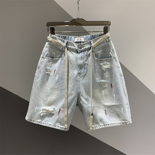 女百搭宽松显瘦五分直筒裤 做旧水洗磨破牛仔阔腿裤 新款 2026年夏季