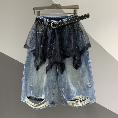 设计感网纱拼接牛仔阔腿女