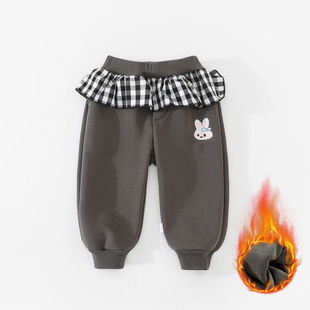 斑巴豆迪 冬季宝宝加绒加厚卫裤幼儿园女童荷叶花边外出休闲裤