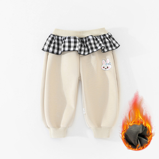 斑巴豆迪 冬季宝宝加绒加厚卫裤幼儿园女童荷叶花边外出休闲裤