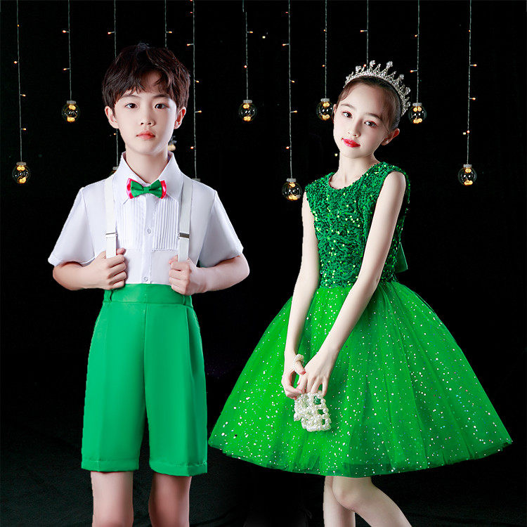 六一儿童演出服幼儿园小班舞蹈服女童蓬蓬纱裙绿色亮片公主表演服