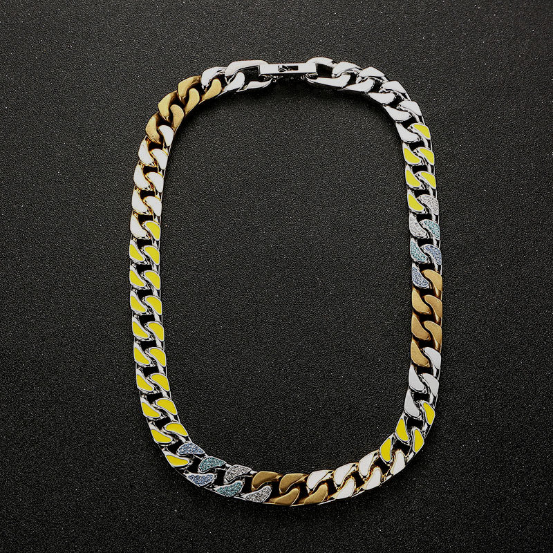 珐琅彩色拼接古巴链嘻哈潮牌高级感项链男士轻奢小众男生锁骨链女