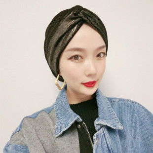 褶皱效果 黑色纹理头巾帽 秋冬新款 时尚达人搭配帽新款 穆斯