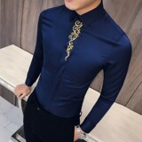 秋冬男士加绒复古绣花长袖衬衫韩版修身衬衣301A-1/CS58/加绒P65，男装衬衫，星座301A-1