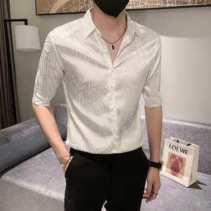 蓝 夏装男士新款中袖衬衫轻熟风提花五分袖寸衣301A-1/CS350/P55图片