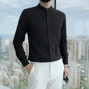 蓝2024秋装新款纯色立领衬衫男长袖春秋休闲寸衫 301A-1/C01/P55图片