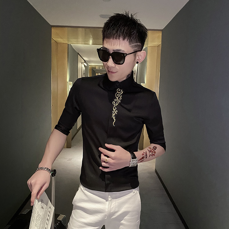 红新款衬衫男社会精神小伙刺绣修身七分袖衬衫301A-1/CS220/P55,男装衬衫,星座301A-1