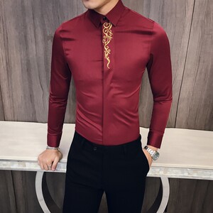秋冬男士复古加绒绣花长袖衬衫韩版修身衬衣301A-1/CS58/加绒P65图片