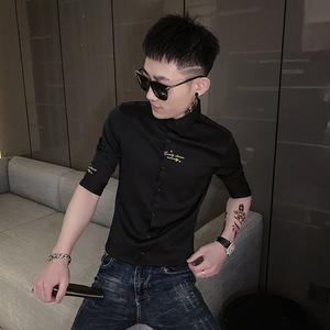 D新款社会精神小伙刺绣七分袖修身衬衫男衬衣301A-1/CS229/P55图片