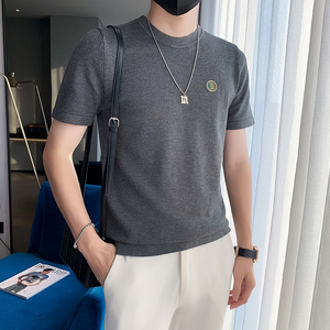春秋针织纯色短袖半圆领T恤男内搭上衣毛衣打底衫301A-1/M02/P48图片