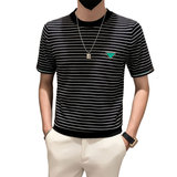 秋季针织短袖条纹T恤男修身内搭毛衣打底衫301A-1/M03/P48控68，男装T恤，星座301A-1