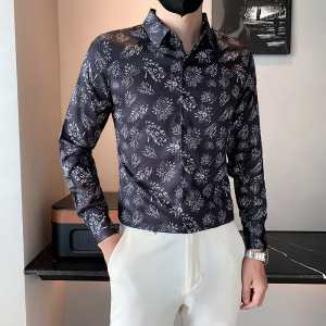 男士秋季小伙个性痞帅印花长袖衬衫日常休闲上衣301A-1/C21/P55图片