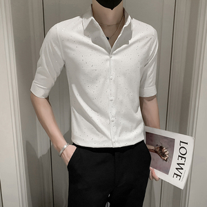 青年痞帅短袖印花衬衫男休闲修身衬衣男士上衣301A-1/CS351/P55图片