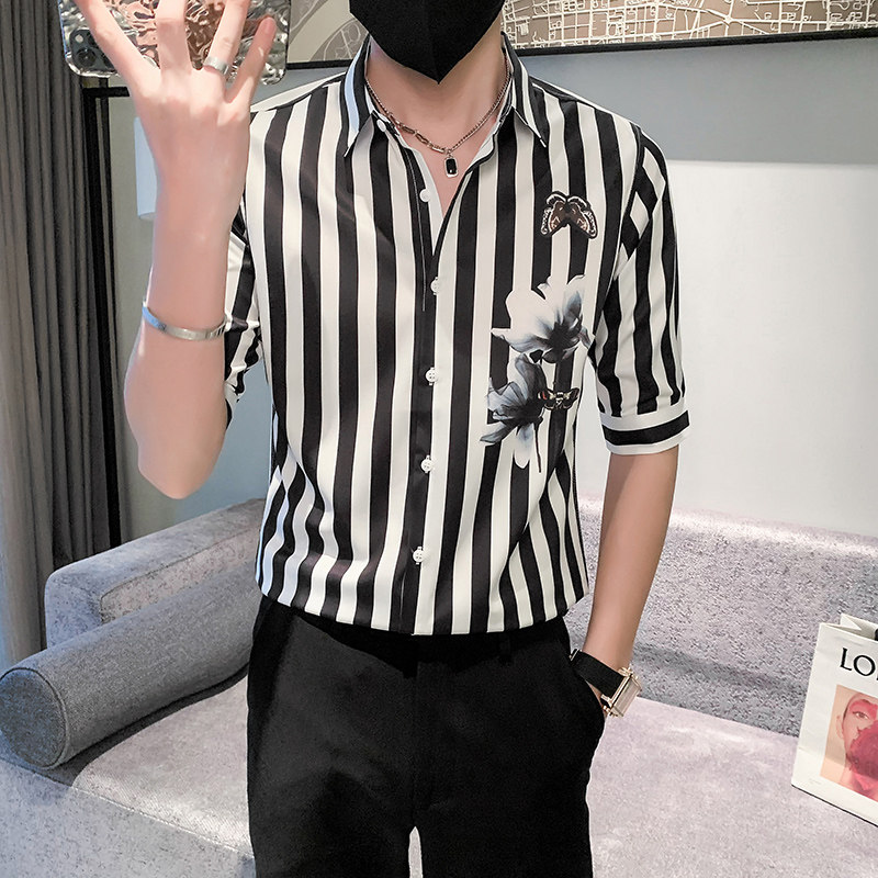 黑 痞帅男夏装中袖新款衬衫休闲印花寸衣男301A-1/CS362/P55图片