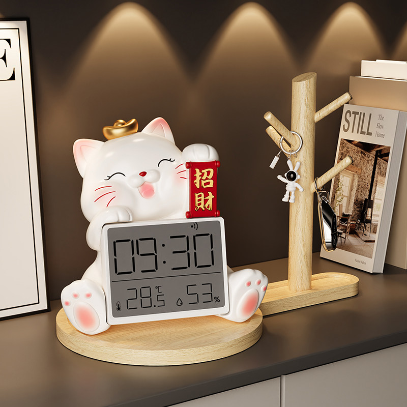 MSKA招财猫电子时钟桌面摆件室内家用温湿度玄关钥匙收纳乔迁礼物