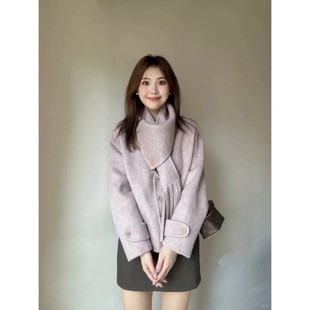 羊毛大衣女短款2025年秋冬新款高级设计感夹棉羊绒围巾领毛呢外套