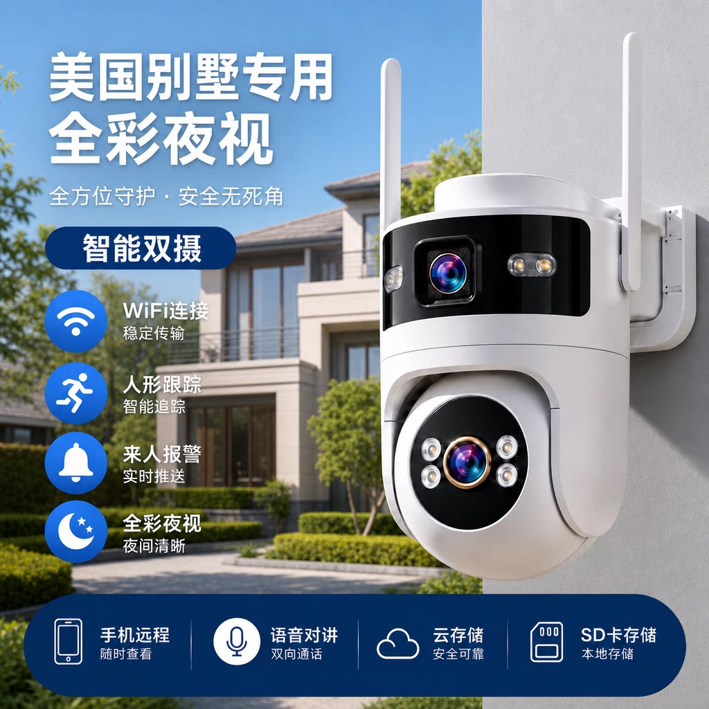 美国别墅专用海外版监控摄像头户外超高清全彩夜视家用手机远程用