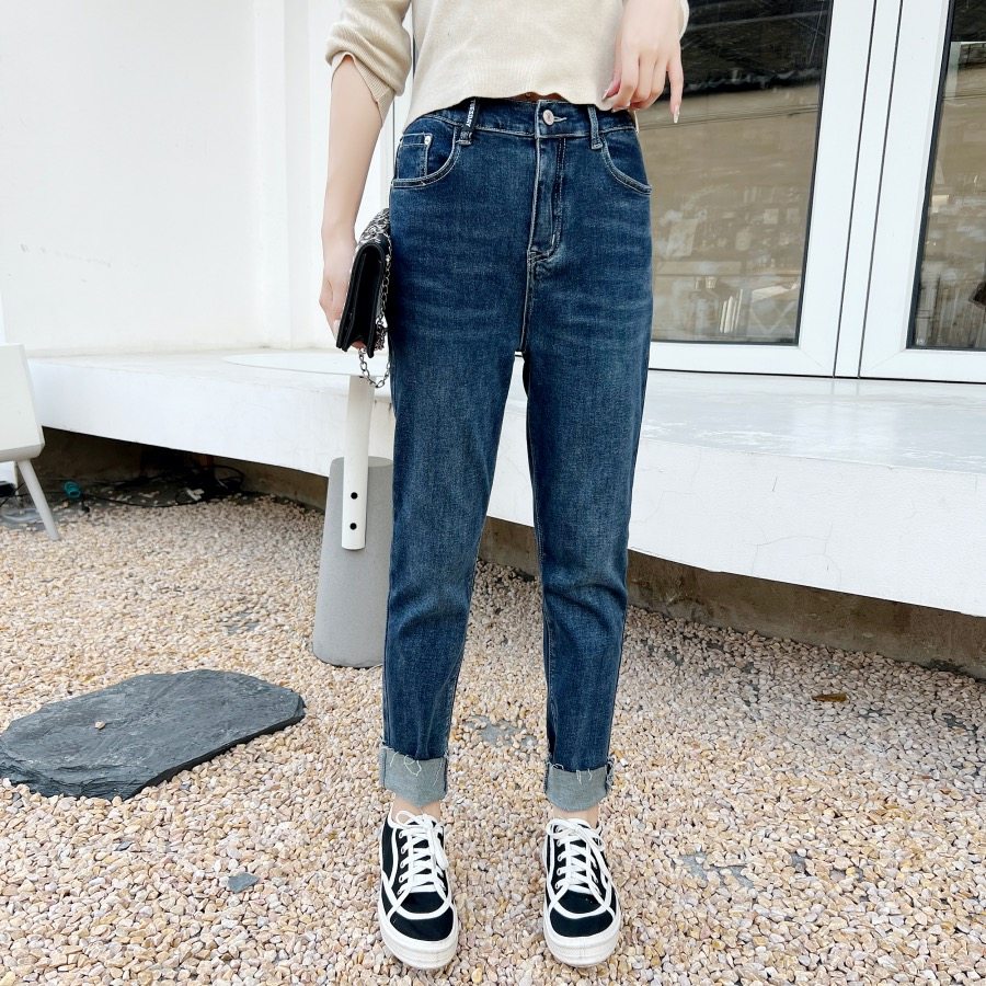 jeandaxiad033大码女装简约净版毛边小脚裤胖女孩修身显瘦牛仔裤