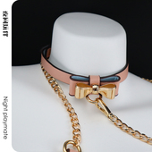 夜间玩伴 蝴蝶结项圈女皮质choker复古颈环puppy小狗链k8k9牵引绳