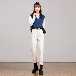 哈伦裤 秋冬高腰显瘦直筒宽松米白色老爹裤 女2025年新款 加绒牛仔裤