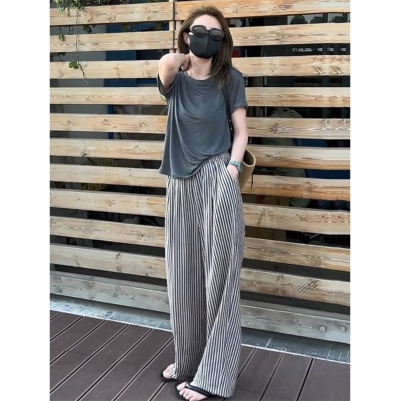 棉麻条纹阔腿裤女2025新款夏季薄款高腰垂感宽松显瘦直筒休闲裤女